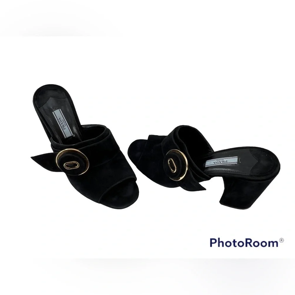 PRADA MILANO BLACK SUEDE CHUNKY HEEL SANDAL BLACK SIZE 37 EUR SIZE 6.5 US - Picture 3 of 16